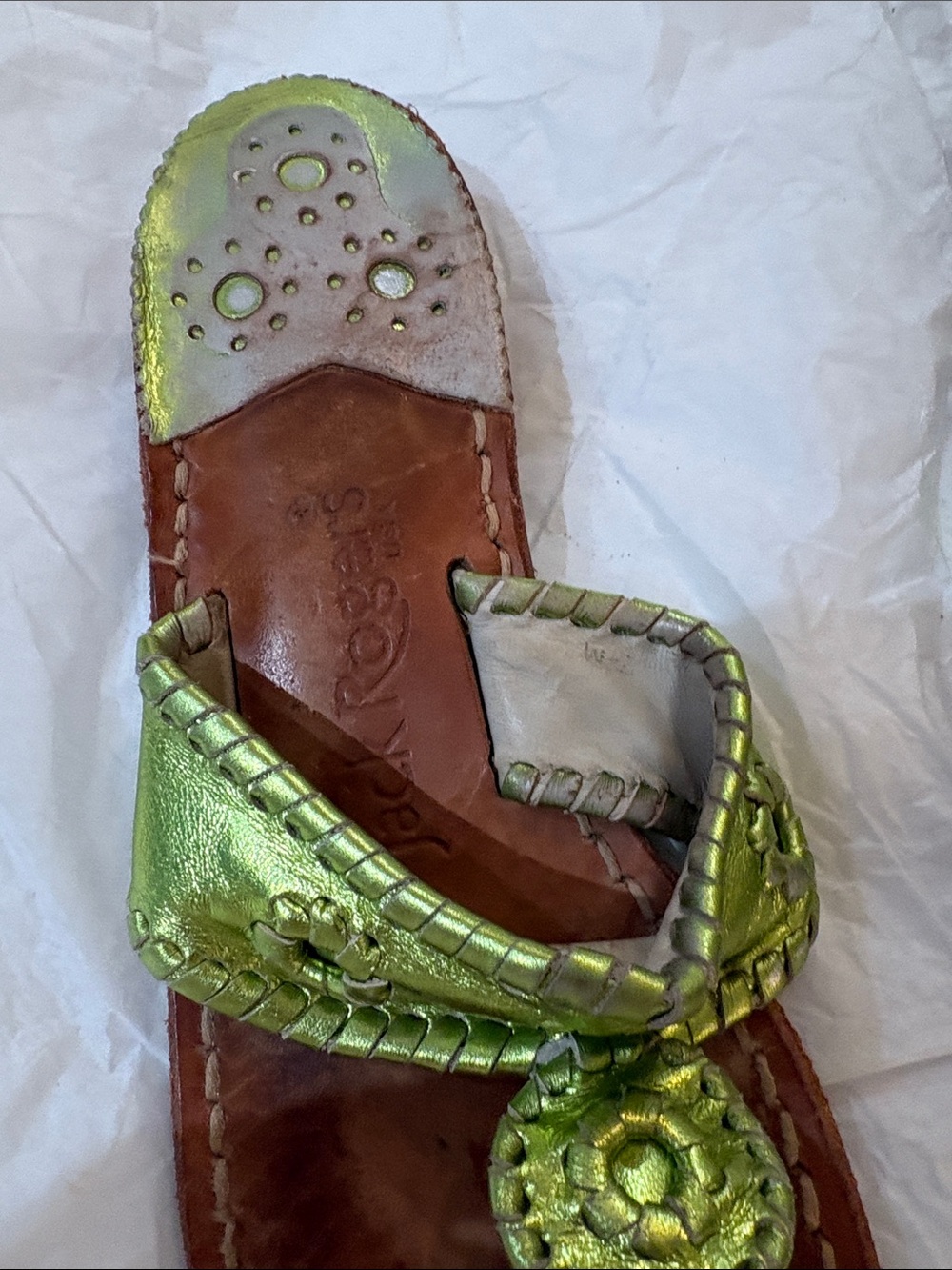 Jack Rogers Metallic Lime Green Leather Thong Sandals - Picture 3 of 5